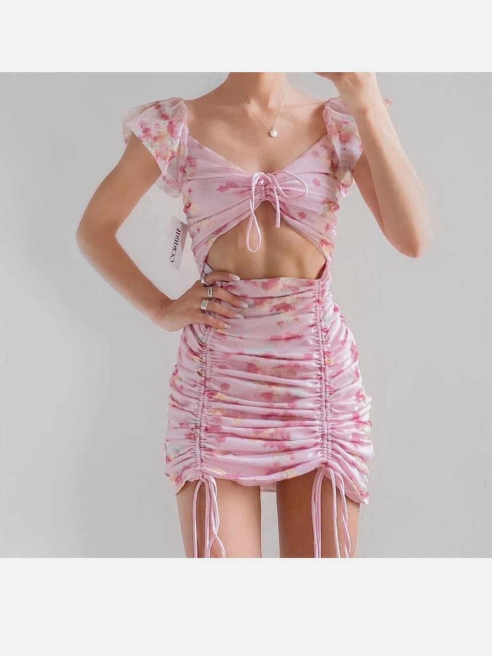 Urban Outfitters Pink Floral Ruched Midi Dress